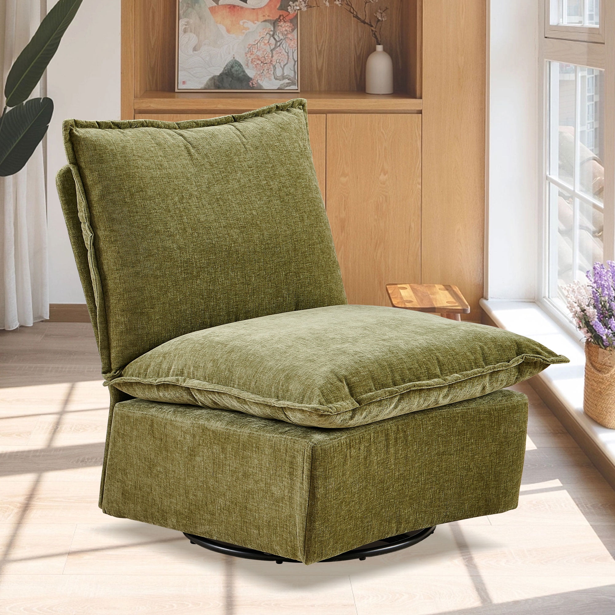 New Green Chenille 360° Swivel Rocking Chair - Soft Padded Seat & Metal ...