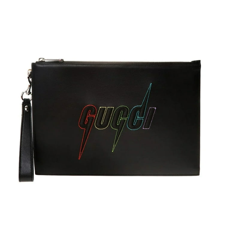 New Gucci Blade Embroidered Black Leather Pouch Wristlet Bag
