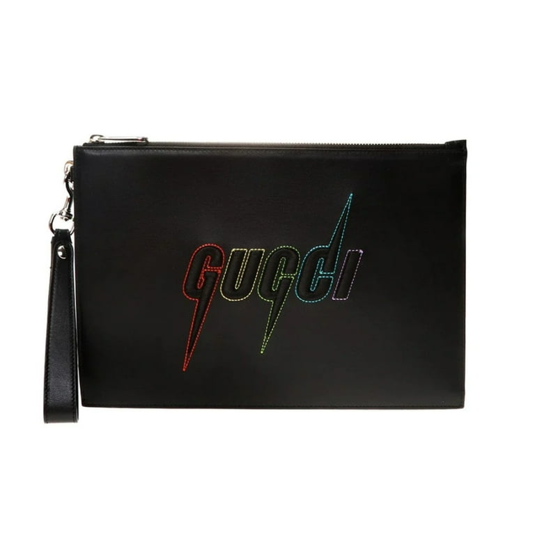 New Gucci Blade Embroidered Black Leather Pouch Wristlet Bag 597678 