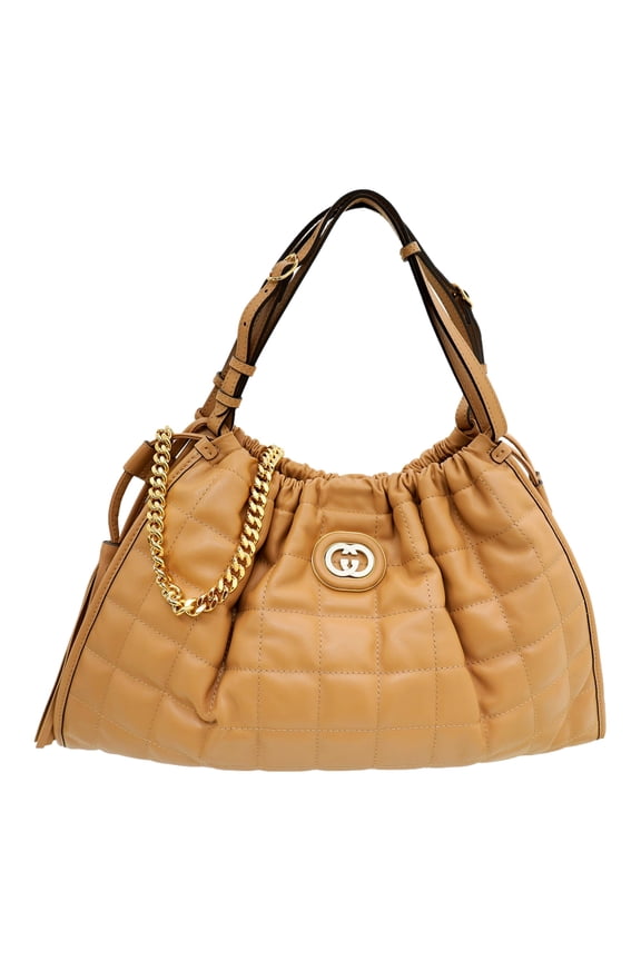 New Gucci Deco Fringe Medium Leather Tote Bag Camelia Beige Quilted GG Shoulder Bag Gold Chain Designer Handbag Made in Italy