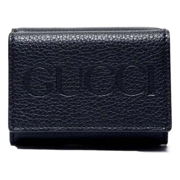 New Gucci Embossed Logo Mini Tri-Fold Wallet Black Pebbled Leather Yellow Interior Model 736151 Made in Italy