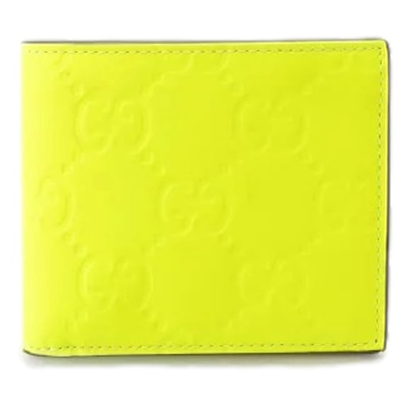 New Gucci GG Embossed Rubber Effect Leather Bifold Wallet Neon Yellow 10 Card Slots, Made in Italy