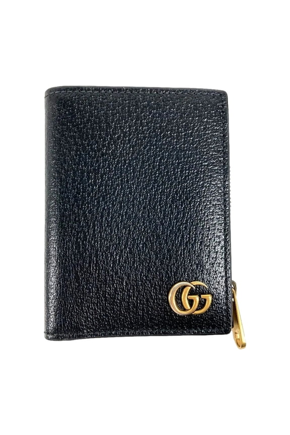 New Gucci GG Marmont Black Pebbled Leather Snap Bifold Wallet Gold GG Logo Zip Coin Pocket Made in Italy Designer Luxury Wallet