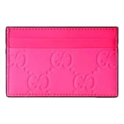 New Gucci GG Rubber Effect Leather Card Holder Wallet Neon Pink Made in Italy