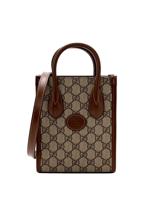 New Gucci Interlocking G Mini Shopper Tote GG Supreme Canvas Brown Monogram Leather Crossbody Designer Handbag Made in Italy