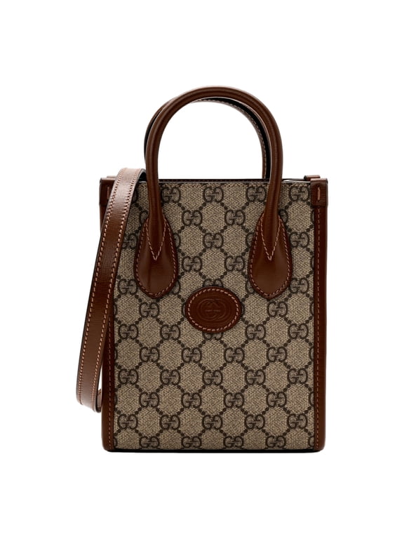 New Gucci Interlocking G Mini Shopper Tote GG Supreme Canvas Brown Monogram Leather Crossbody Designer Handbag Made in Italy