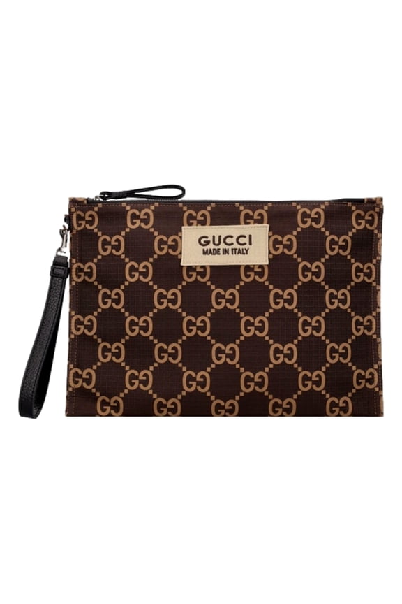 New Gucci Jumbo GG Ripstop Canvas Large Clutch Wristlet Brown Beige Monogram Zip Pouch Designer Wristlet Wallet Made in Italy Model 770662