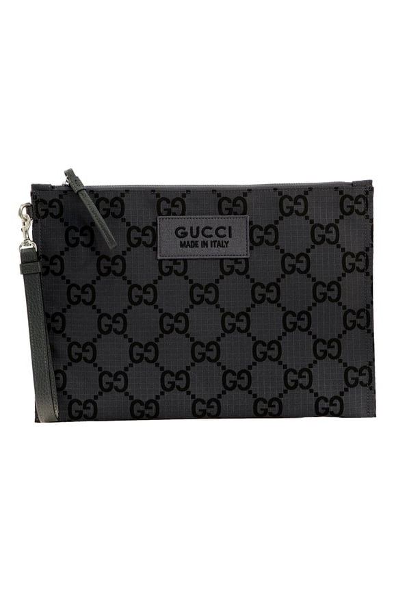 New Gucci Jumbo GG Ripstop Canvas Large Clutch Wristlet Zip Pouch Wallet Gray Black Monogram Designer Luxury Bag Made in Italy