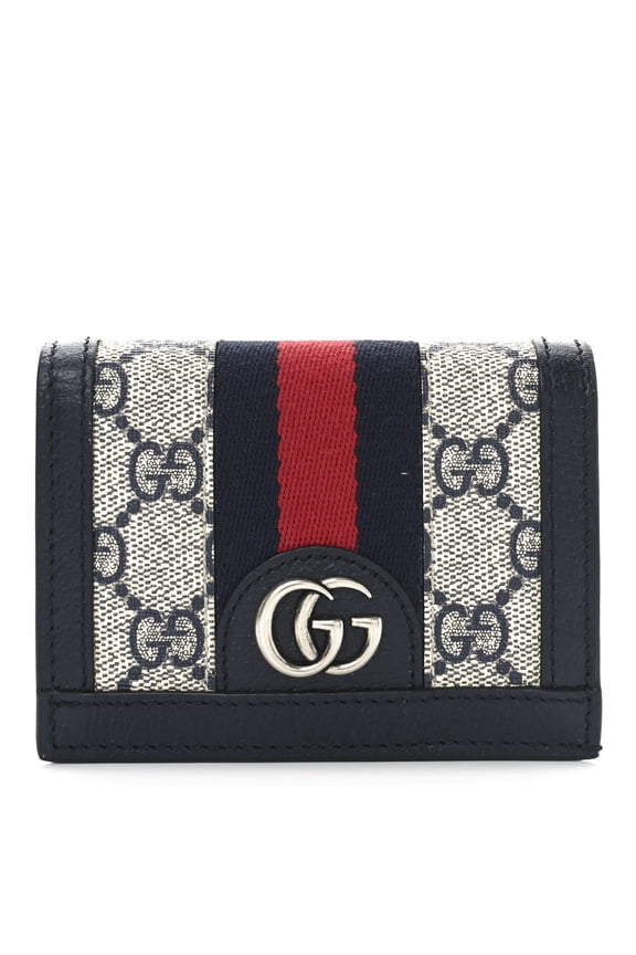 New Gucci Ophidia GG Supreme Canvas Bifold Snap Wallet Beige Navy Blue Red Web Stripe Double G Logo Made in Italy Includes Box & Authenticity Cards