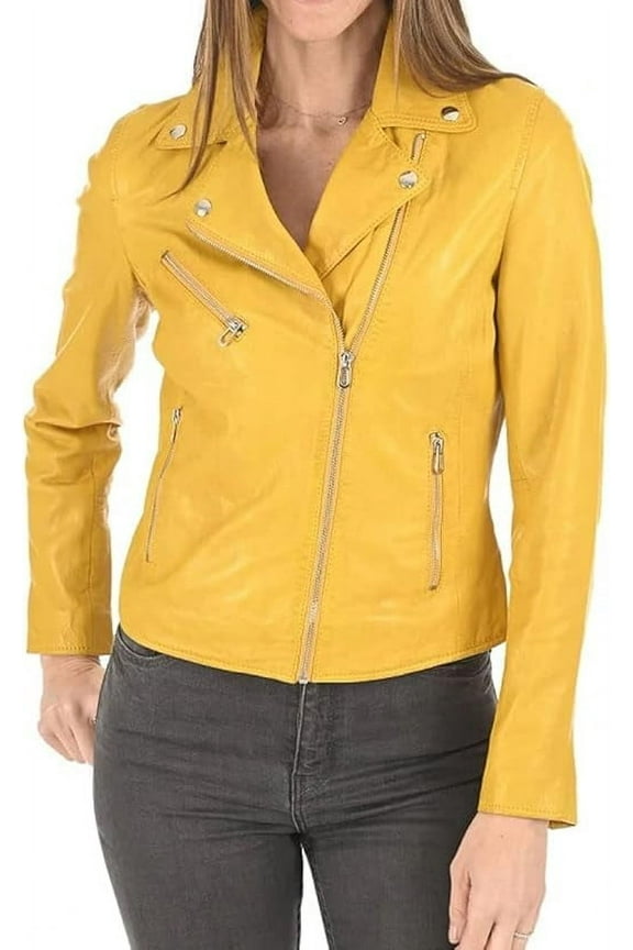 New HOT Women Lambskin Real Leather Yellow Jacket Motorcycle Quilted Slim Fit Coat W132