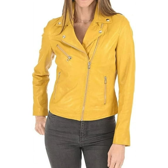 New HOT Women Lambskin Real Leather Yellow Jacket Motorcycle Quilted Slim Fit Coat W132
