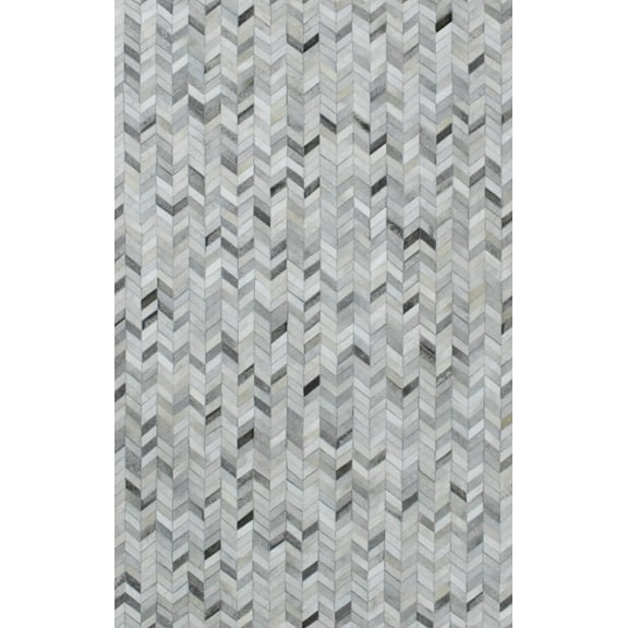 New Hairon 5x8 and 8x10 Leather Chevron Design Handmade Ivory and Silver Area Rug, Hand Stitched Genuine Leather Rug | LR4