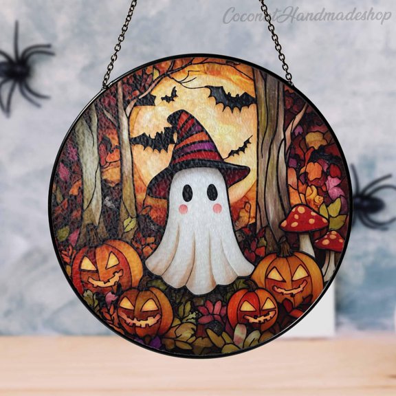 New Halloween Ghost Glass Suncatcher, Pumpkin Ghost Window Hangings, Halloween Ghost Decor, Cute Halloween Decor, Gothic Home Decor