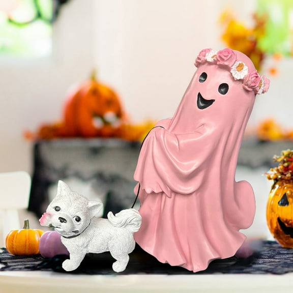 New Halloween Ghost Walking Dog Statue, Cute Spooky Ghost with Walking His Ghost Dog, Ghost and Dog Halloween Statue Figurine Decor, Pink 1PC
