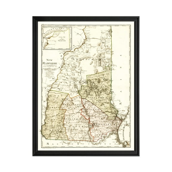 New Hampshire Art, 1796 Vintage Map of New Hampshire History Wall Decor Gift, Old New Hampshire Map - 24" x 36" Black Framed Print