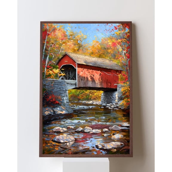 New Hampshire Covered Bridge Wall Art – Kancamagus Highway Autumn , New England Fall Foliage, Rustic Country Landscape Decor Unframed Paper Print