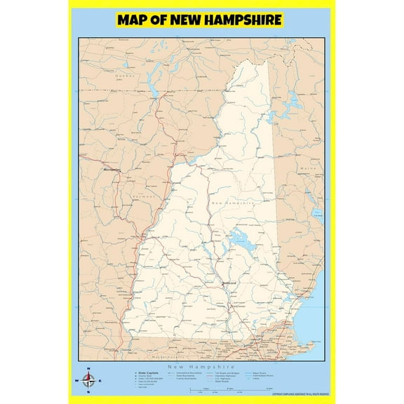 New Hampshire Map Poster - Laminated Wall Map - Style D - 36x60 - Ideal for Classrooms and Homes – Features Bright Colors and Vivid Imagery