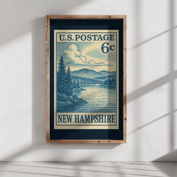 New Hampshire Postage Stamp Art Poster Engraved Style Lake And Forest Poster Mid-Century Blue & Cream New England Wall Art, Unframed Poster Size 12x18