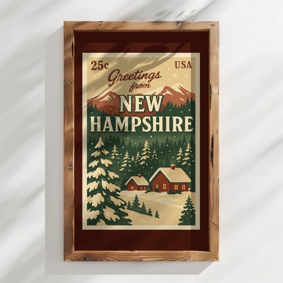 New Hampshire Postcard Retro WinterMid-Century Style Rustic Cabin Decor Unframed Paper Print
