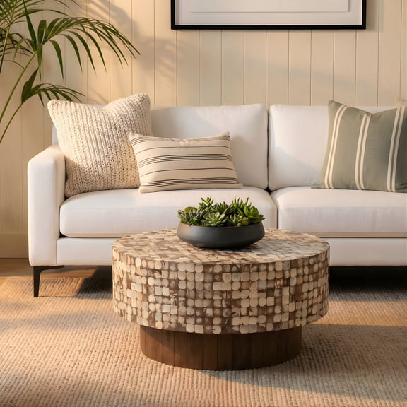 New Hampton Round Coconut Shell Pedestal Coffee Table, 32'' Round, KD, Natural Bliss