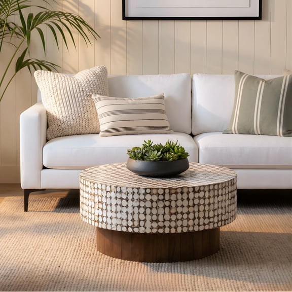 New Hampton Round Coconut Shell Pedestal Coffee Table, 32'' Round, KD, White Patina