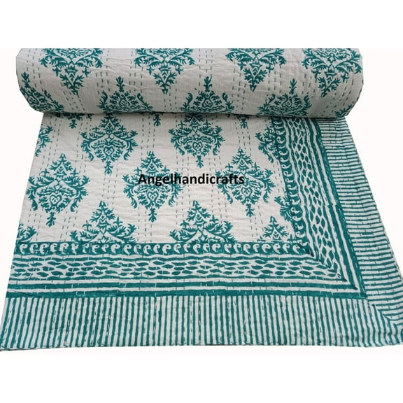 New Hand Block Print Cotton Bedsheet Indian Throw Reversible Vintage Bedspread Handmade Kantha Blanket Modern Quilt Summer Comforter