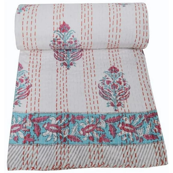 New Hand Block Print Kantha Quilt Queen Size Kantha Bedspread Cotton Quilt Indian Quilt Blanket Throw Queen Quilt