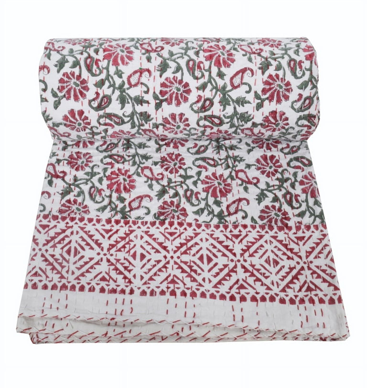 Yuvancrafts Indian Pink Kantha Cotton Quilt, Twin - Reversible