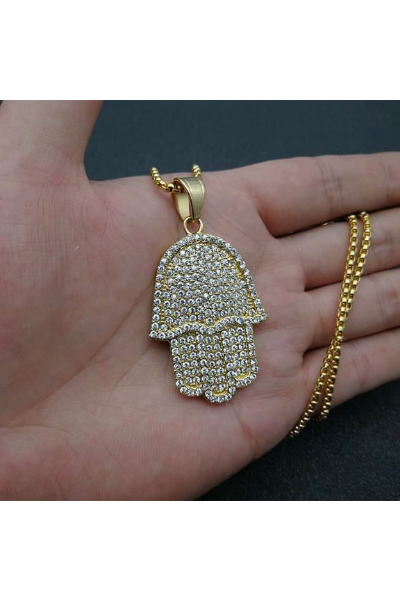 New Hand Of the Angel Fatima Pendant Necklace Hip Hop Full Iced Out Cubic Zirconia 14K Yellow Gold CZ Stone Choker Women Men