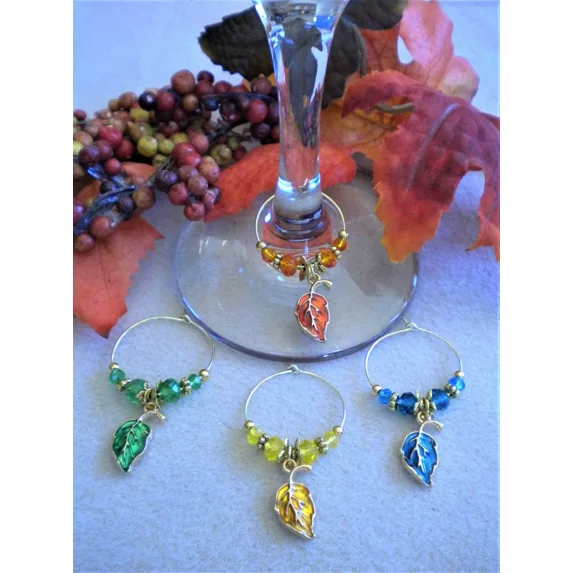 New Handcrafted Set Of 4 Enamel Leaves - Gold Tone Wine Glass Charms/Markers