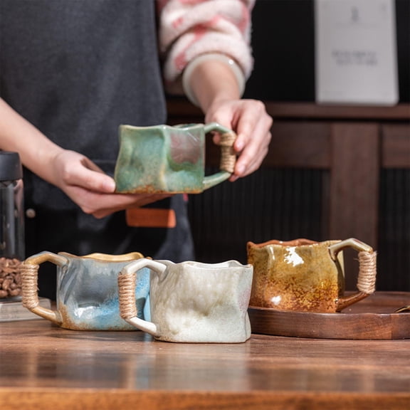 New Handmade Pottery Coffee Mug, Retro Special-Shaped Mugs, Rough Pottery Hand Knead Irregular Nordics Style Coffee Cups For Office And Home, Big Handle Easy To Hold For Home Office