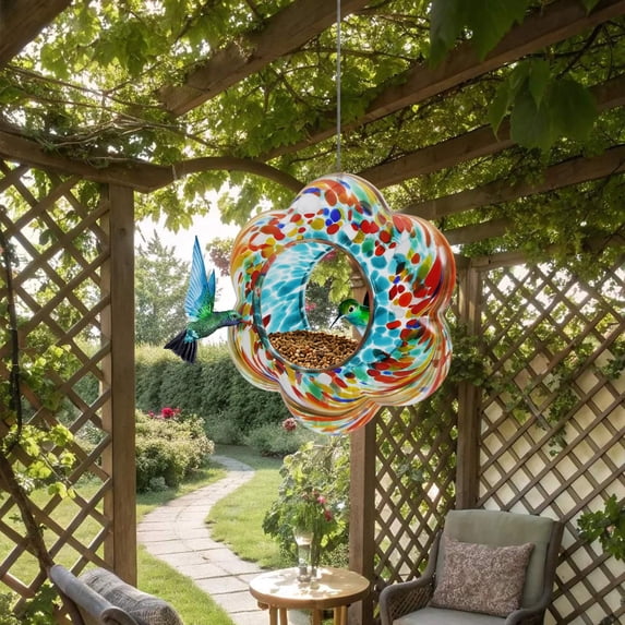 New! Hanging Glass Birdfeeder, Round Fly Through Wild Bird Feeder for Outdoors,Blue/Green Mosaic Birdfeeder for Garden, Yard, Backyard, Deck and Porch Decor E