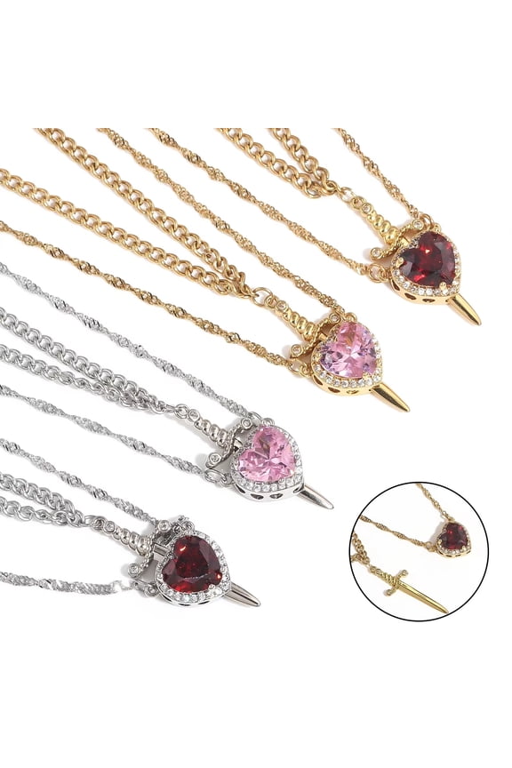 New Heart And Sword Necklace Set Gold Color Stainless Steel Crystal Couple Necklaces For Women Men Boyfriend Girlfriend Gifts