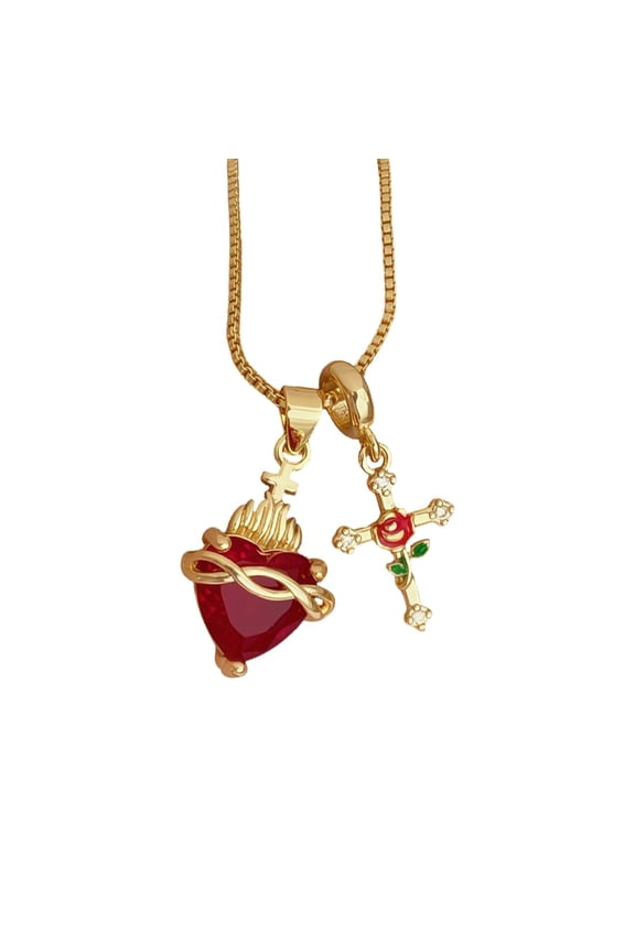 New Heart-shaped Rose Cross Multi-pendant Necklace with Love Zircon Sacred Heart Collarbone Chain, Gold Jesus Necklace Religious Jewelry Gift for Women Birthday Mother's Day.