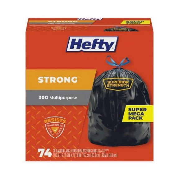 Hefty Strong Multipurpose Drawstring Trash Bags, 30 gal, 1.1 mil, 30" x 33", Black, 74/Box, Each