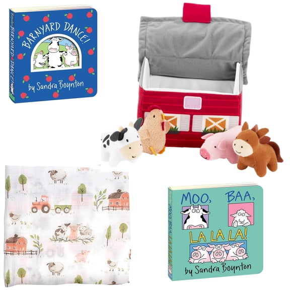 New to The Herd Farm Baby Gift Includes Sandra Boynton Board Books (Barnyard Dance! and Moo, Baa, La La La!), Happy Barnyard Plush Activity Toy and Farmer Barn Cow Muslin Swaddle Blanket