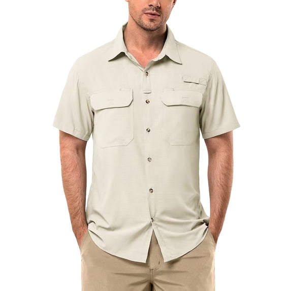 New High Quality Cotton Waffle Double Pocket Men's Cardigan Short Sleeves Summer Home Use Lapel Shirt Cross-Border Style Lightweight Streetwear Slim Fit Tops Khaki 2XL