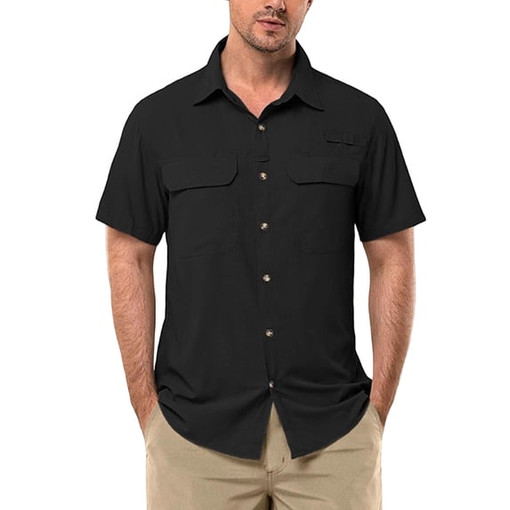 New High Quality Cotton Waffle Double Pocket Men's Cardigan Short Sleeves Summer Home Use Lapel Shirt Cross-Border Style Lightweight Streetwear Slim Fit Tops Black 3XL
