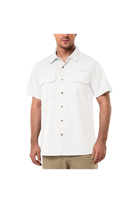 New High Quality Cotton Waffle Double Pocket Men's Cardigan Short Sleeves Summer Home Use Lapel Shirt Cross-Border Style Lightweight Streetwear Slim Fit Tops White M