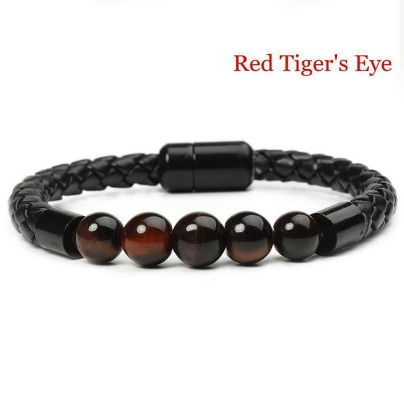 New Hip-Hop Jewelry Healing Stones PU Leather Mens Bracelet 8mm Lava Stone Braided Bangle Magnetic Buckle RED TIGER'S EYE