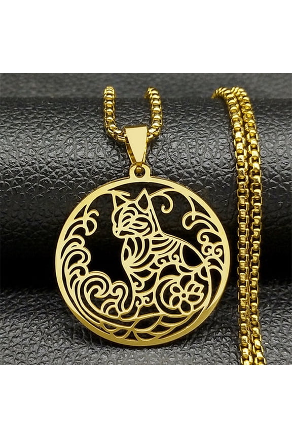 New Hip-Hop Style 14K Yellow Gold Cat Personalized Pendant Necklace For Men Women Black Hollow Flower Animal Jewelry Gifts