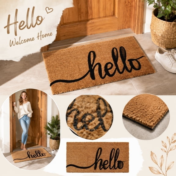 New Home Accessory Mat, Porch Mat, Housewarming Present, New Beginnings Gift, 30 X 20 Inch Cursive Hello Outdoor Doormat, Durable Coir Construction for Long Term Daily Front Door