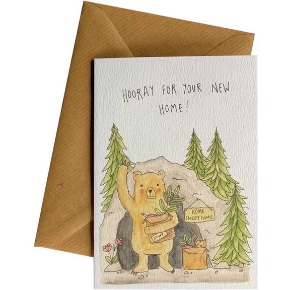 New Home Card - "Hooray for Your New Home!" Adorable Bear Design – Perfect for Housewarming Celebrations, Includes Envelope, Blank Inside for Personal Touches