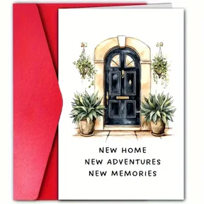New Home Card - "New Home, New Adventures, New Memories" - Beautiful Door Design - Includes Envelope - Perfect Gift for Housewarming or Moving Celebrations