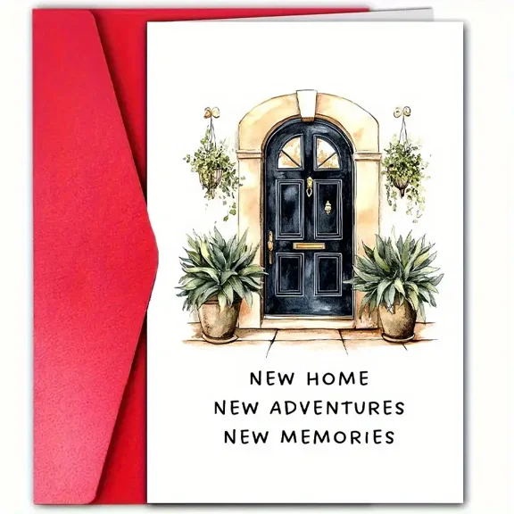 New Home Card - "New Home, New Adventures, New Memories" - Beautiful Door Design - Includes Envelope - Perfect Gift for Housewarming or Moving Celebrations