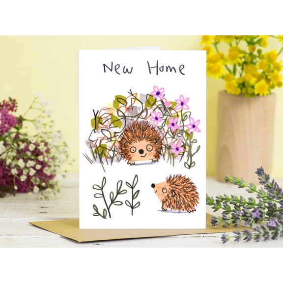New Home Card with Cute Hedgehogs - Adorable Greeting Card for Housewarming, Moving, or New Beginnings - Envelope Included, Blank Inside
