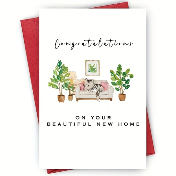 New Home Congratulations Card Charming Cat and Cozy Living Room Design Perfect for Housewarming Gifts Envelope Included, Blank Inside for Personal Messages