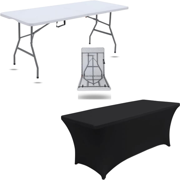 New Home Era 6 Foot White Plastic Folding Table with 6 Foot Black Spandex Tablecloth Table | Rectangular Patio Table & Table Cover for Event, Wedding, Banquet & Parties