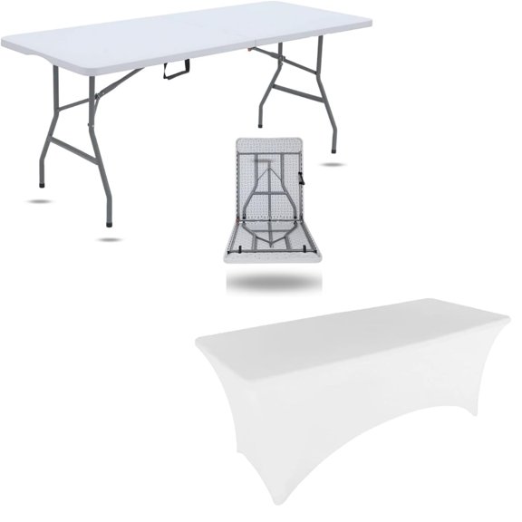 New Home Era 6 Foot White Plastic Folding Table with 6 Foot White Spandex Tablecloth Table | Rectangular Patio Table & Table Cover for Event, Wedding, Banquet & Parties