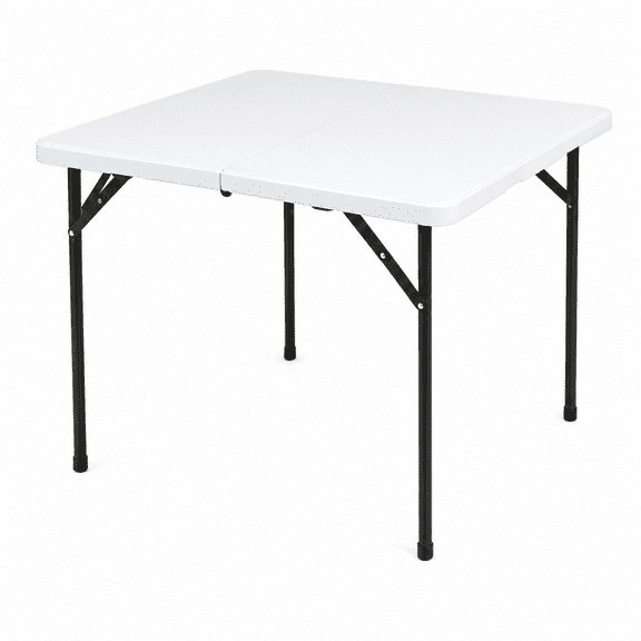 New Home Era 34" Square Fold-in-Half Folding Table, Portable Plastic Utility Table with Carry Handle, Heavy-Duty Indoor Outdoor Card Dining Camping Picnic Table, White